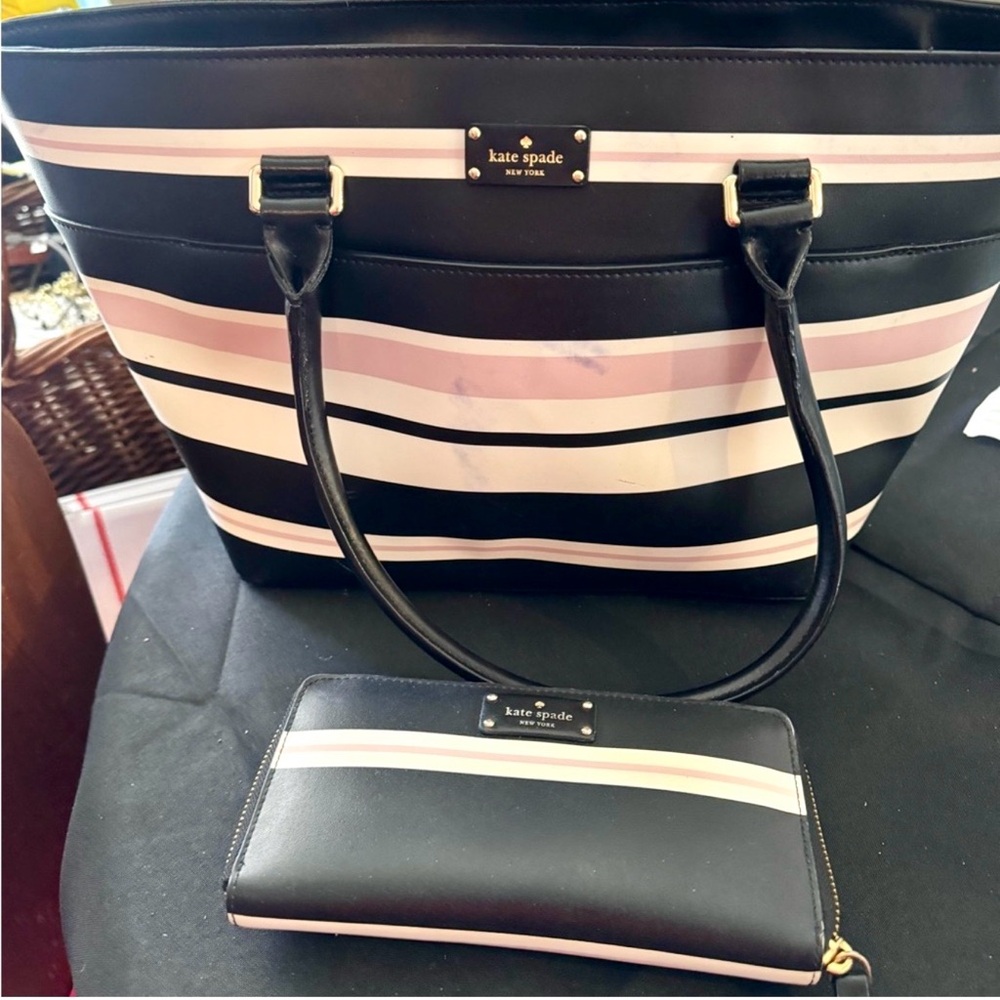 Kate Spade Black and Pink Striped Tote and Wallet